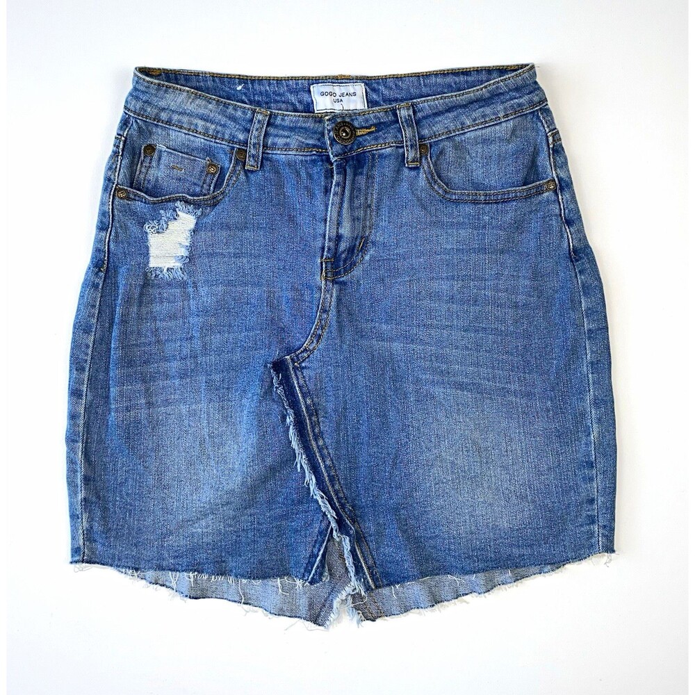 Gogo Jeans Womens Blue Denim Short Skirt Size 5 Pockets Zip Button Casual